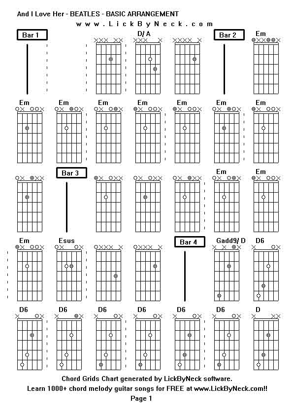 Chord Grids Chart of chord melody fingerstyle guitar song-And I Love Her - BEATLES - BASIC ARRANGEMENT,generated by LickByNeck software.